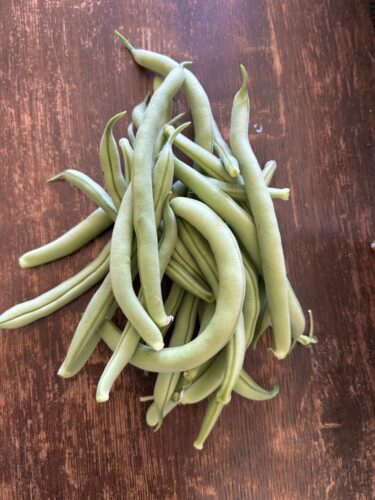 Pile of green beans on a wooden table.